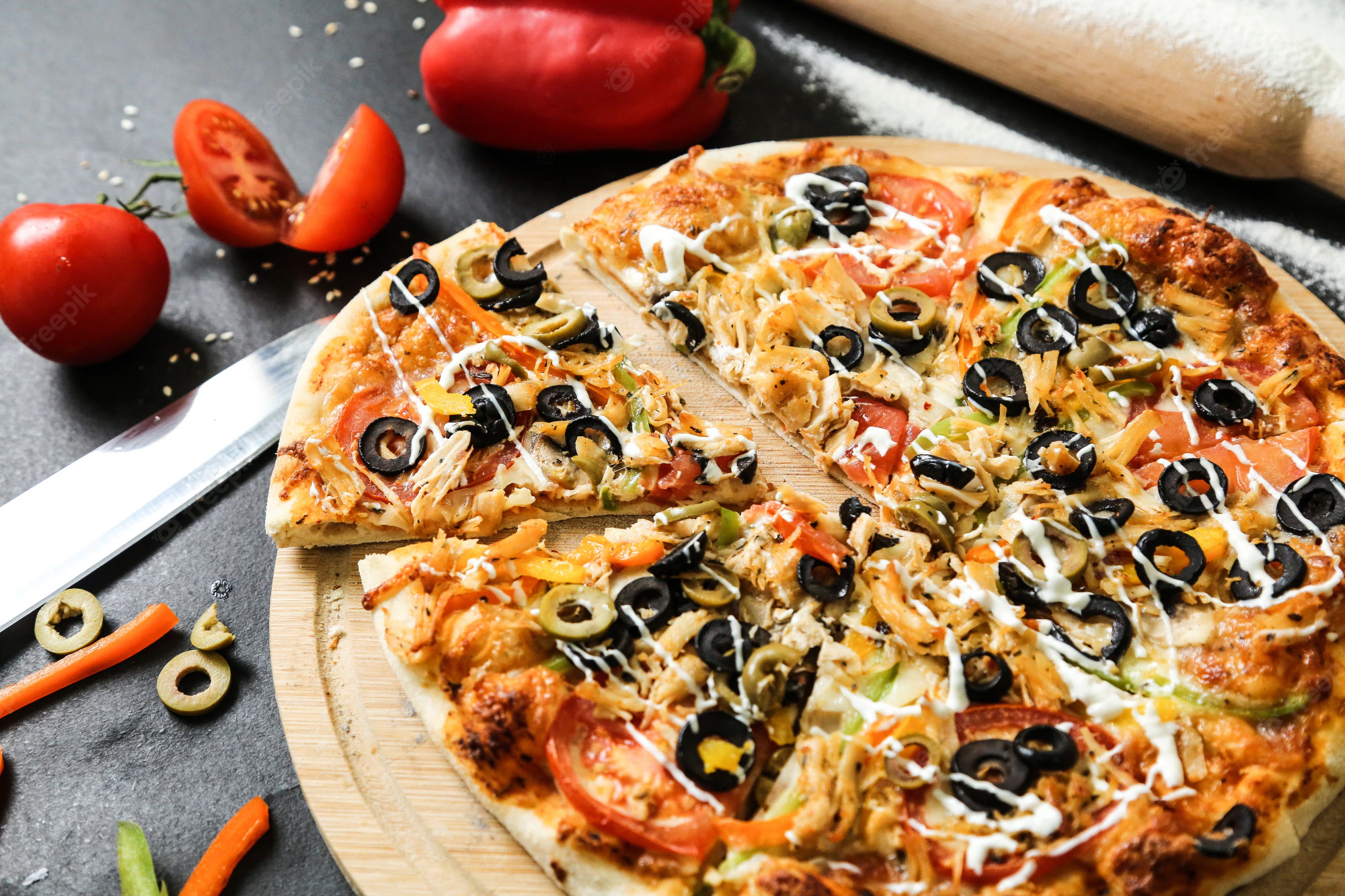 mix pizza olives bell pepper cheese mushrooms top view 141793 15501 1