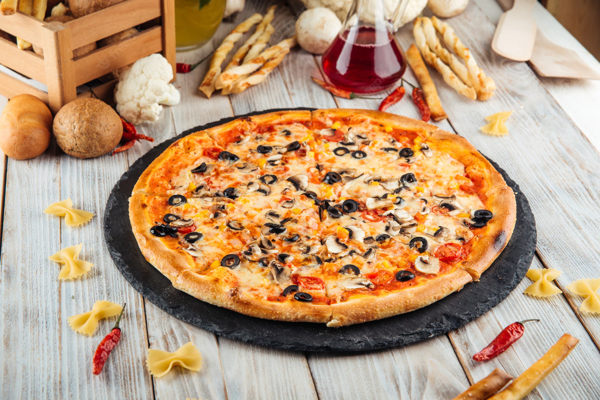 four season pizza with olives mushrooms and tomato 219193 1694