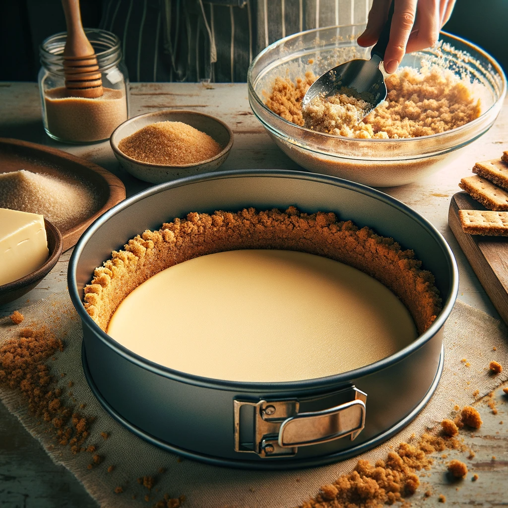 DALL·E 2024 01 20 19.23.22 A photo showing the preparation of a cheesecake crust in a kitchen. The image depicts a bowl filled with a mixture of graham cracker crumbs melted bu