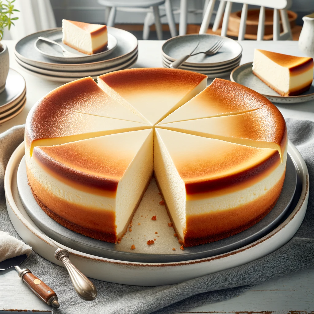 DALL·E 2024 01 20 19.23.31 A photo showing a sliced cheesecake ready to be served. The cheesecake is on a serving plate with a few slices already cut. The texture is creamy and